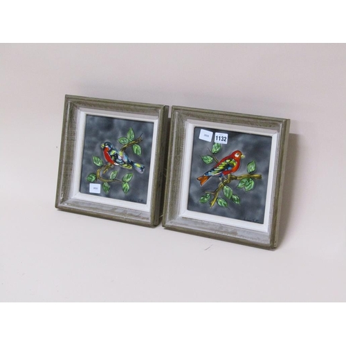 1132 - PAIR OF FRAMED TILE PAINTINGS - BIRDS ON BRANCHES, 19CM X 19CM