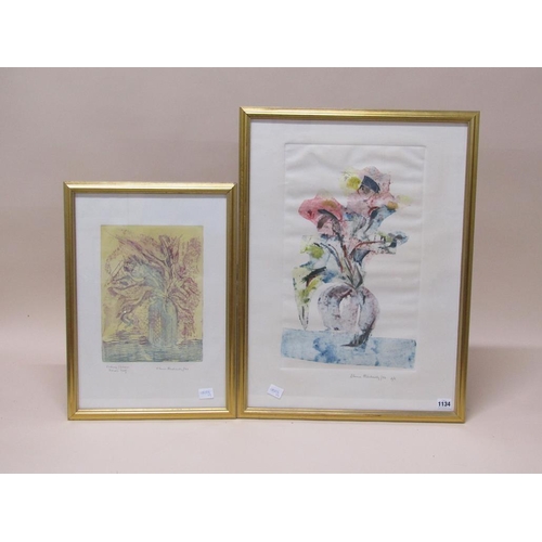 1134 - ELAINE HIRSCHOWITY 93 - TWO COLOURED ETCHINGS, FLOWERS AND VASES, F/G, 33CM X 22CM & 49CM X 29CM