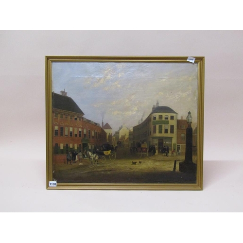 1138 - LATE 18C/EARLY 19C STREET SCENE WITH BATH TO LONDON STAGE COACH, OIL ON CANVAS, FRAMED, 41CM X 61CM