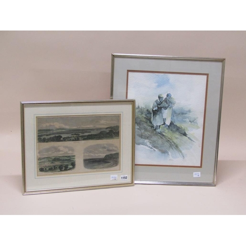 1152 - K TABO - TWO FIGURES ON A PATHWAY, FRAMED WATERCOLOUR; FRAMED SERIES OF THREE PRINTS