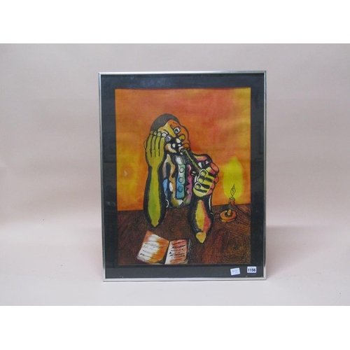 1156 - ABSTRACT INK AND WATERCOLOUR - FIGURE SEATED AND SMOKING, FRAMED 60CM X 45CM