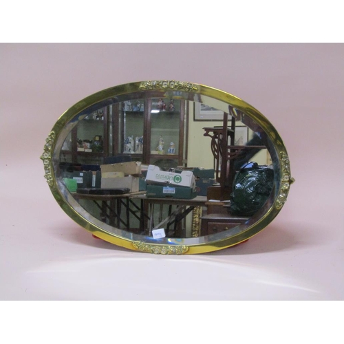 1158 - WALNUT OVAL FRAMED MIRROR, 38CM X 47CM; BRASS FRAMED BEVEL EDGE MIRROR