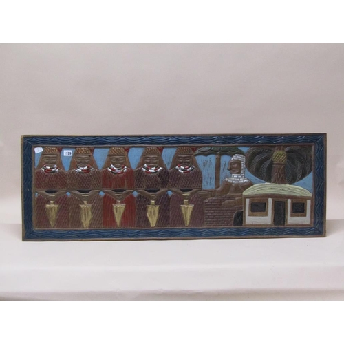 1159 - CARVED AND PAINTED WOODEN PANEL DEPICTING FIVE ORIENTAL WARIORS, 43CM X 114CM