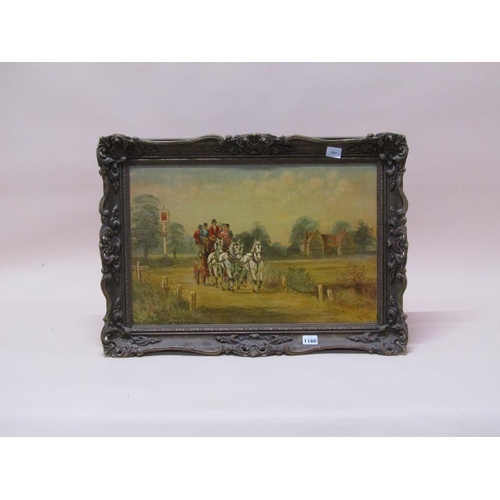 1160 - RICHARD TEMPLE - THE STAGE COACH, OIL ON BOARD, FRAMED, 34CM X 52CM