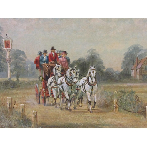 1160 - RICHARD TEMPLE - THE STAGE COACH, OIL ON BOARD, FRAMED, 34CM X 52CM