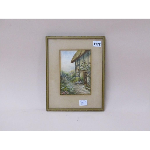 1172 - SIGNED INDISTINCTLY - SUMMER COTTAGE GARDEN, WATERCOLOUR, 18CM X 12CM