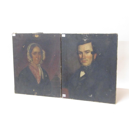 1173 - PAIR OF 19C PORTRAITS - LADY AND GENTLEMAN, OIL ON CANVAS, UNFRAMED, 62CMX 50CM