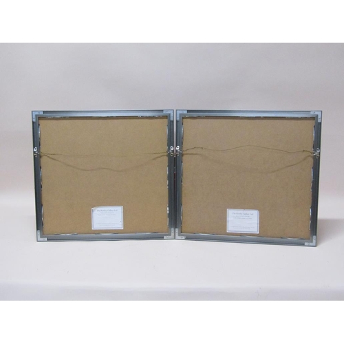 1175 - PAIR OF FRAMED MATERIAL NEEDLEWORK PANELS, EACH 43CM X 46CM