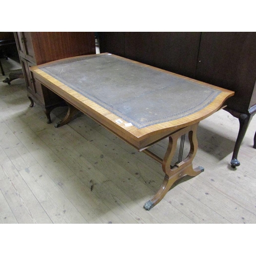 1859 - MAHOGANY REGENCY STYLE LOW TABLE WITH GREEN LEATHER INSERT 136 x 53cms H