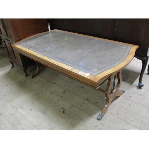 1859 - MAHOGANY REGENCY STYLE LOW TABLE WITH GREEN LEATHER INSERT 136 x 53cms H