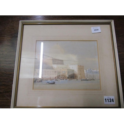 1124 - UNSIGNED 19C - GRAND HARBOUR BALETTA, MALTA, WATERCOLOUR, F/G, 16CM X 21CM