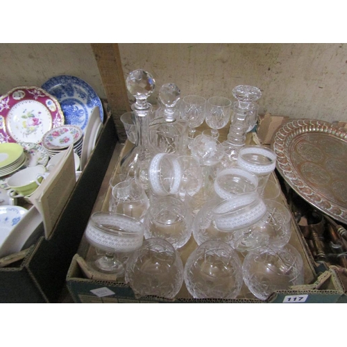 117 - BOX OF CRYSTAL GLASS TO INCL DECANTERS