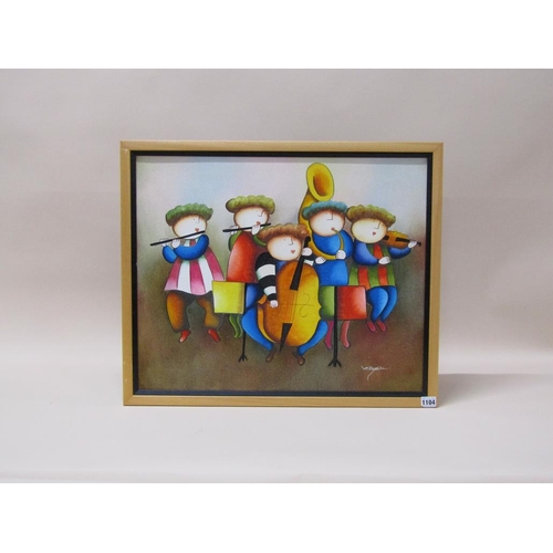 1104 - SIGNED INDISTINCTLY, CONTEMPORARY OIL ON CANVAS , FIVE MUSICIANS - FRAMED 48 x 60 cms