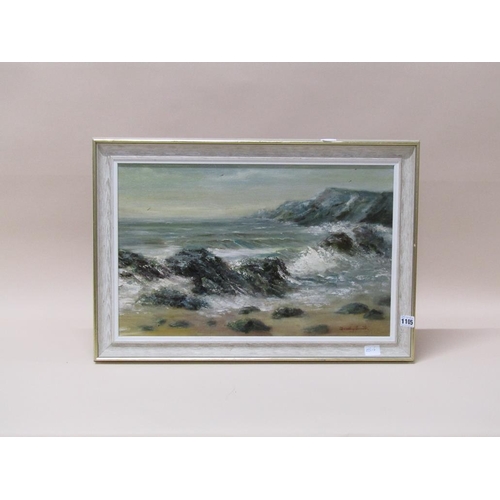 1105 - DOROTHY SMITH, COASTAL SCENE ROCKY FORESHORE, SIGNED OIL ON BOARD FRAMED 35 x 54 cms