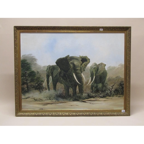 1106 - D OAKES 1975, HERD OF FOUR ELEPHANTS , OIL ON CANVAS FRAMED 75 x 100cms