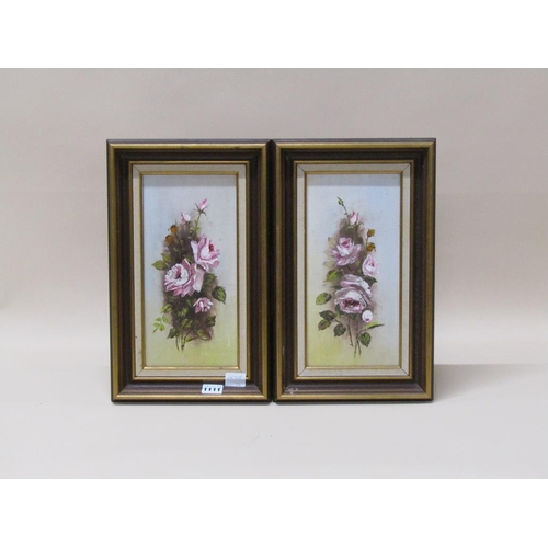 1111 - J EDWARDS, PAIR OF PINK ROSES OIL ON BOARD, EACH 29 x 14cms