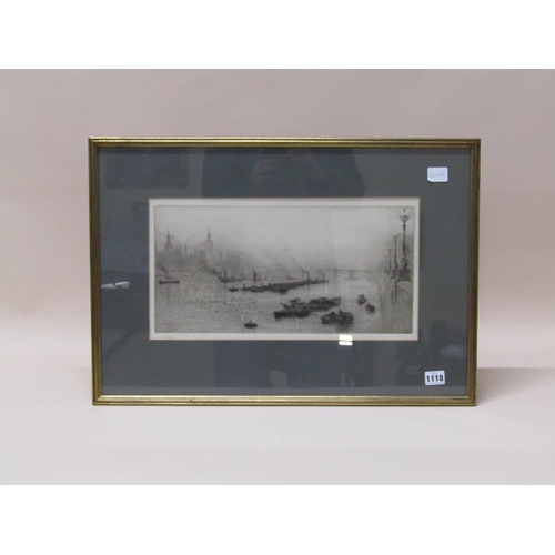 1118 - W L WYLLIE, THE RIVER THAMES AT WESTMINSTER - SIGNED IN PENCIL BLACK ON WHITE ENGRAVING 21 x 41 cms