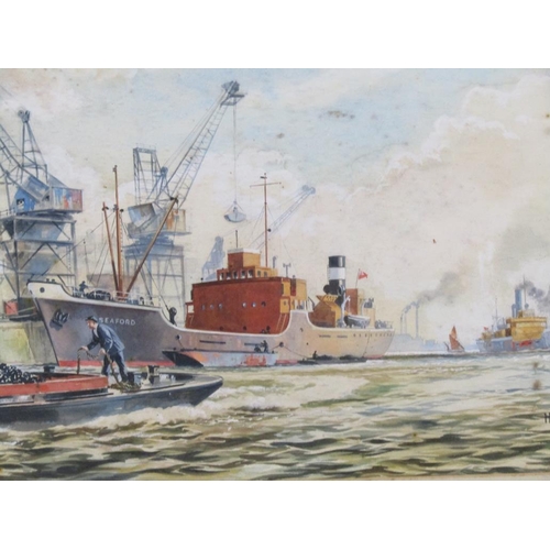 1125 - HAROLD ING - PAIR MERCHANT SHIPS, ONE IN DOCK, SIGNED WATERCOLOURS, BOTH F/G 30 x 40 cms