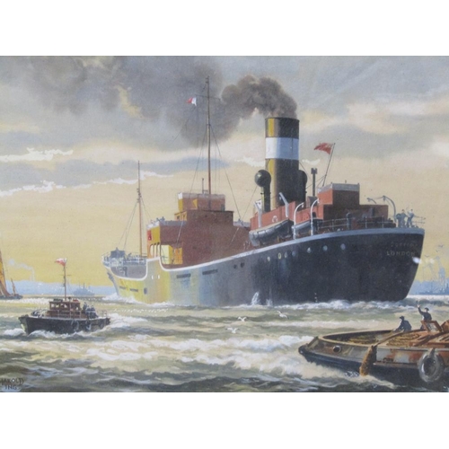 1125 - HAROLD ING - PAIR MERCHANT SHIPS, ONE IN DOCK, SIGNED WATERCOLOURS, BOTH F/G 30 x 40 cms