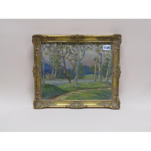 1126 - KENNETH HENSLEY HOLMDEN, TREES IN SHADES OF LIGHT AND SHADOW, OIL ON PANEL FRAMED 25 x 29 cms; ATTRI... 