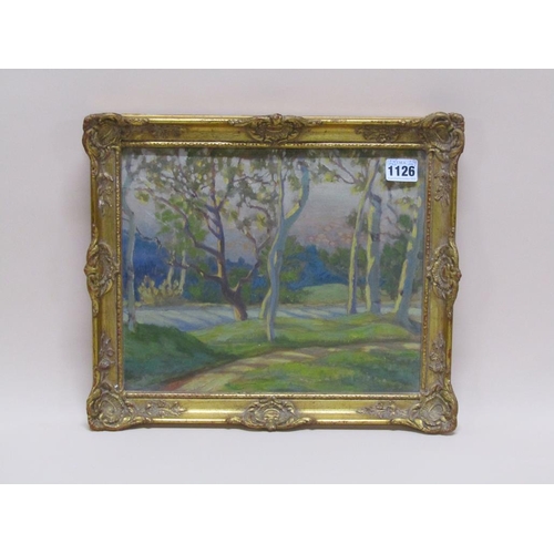 1126 - KENNETH HENSLEY HOLMDEN, TREES IN SHADES OF LIGHT AND SHADOW, OIL ON PANEL FRAMED 25 x 29 cms; ATTRI... 