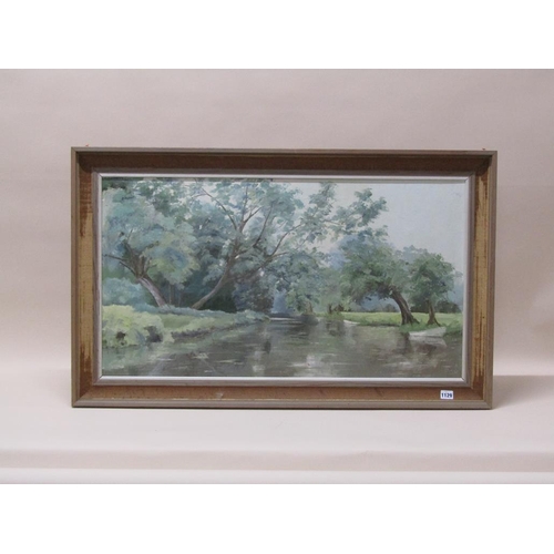 1129 - OLIVE WALKER, PEACEFUL SETTING SIGNED IN MONO, OIL ON CANVAS, FRAMED 50 x 90 cms