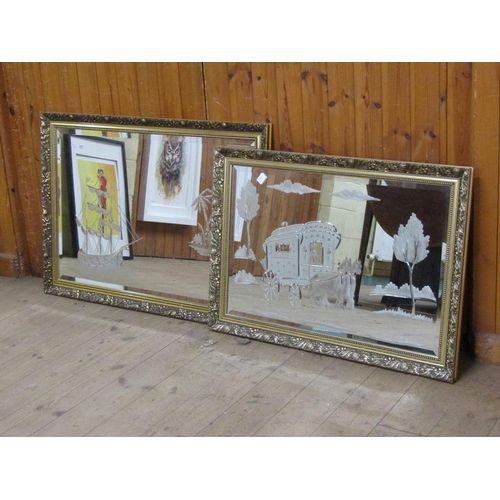 1130 - THREE FRAMED WALL MIRRORS , EACH WITH DECORATED GLASS PANELS AND BEING APPROX 70 x 90 cms EACH