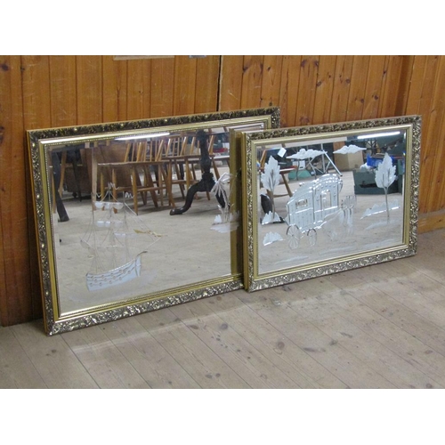 1130 - THREE FRAMED WALL MIRRORS , EACH WITH DECORATED GLASS PANELS AND BEING APPROX 70 x 90 cms EACH