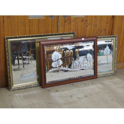 1130 - THREE FRAMED WALL MIRRORS , EACH WITH DECORATED GLASS PANELS AND BEING APPROX 70 x 90 cms EACH