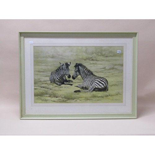 1135 - DAVID SHEPHERD, F/G COLOURED PRINT TWO ZEBRA, SIGNED IN PENCIL, FRAMED 58 x 75 cms