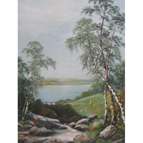 1147 - T KENDRICK - LANDSCAPE WITH LAKE, SHEPHERD AND FISHERMAN, SIGNED OIL ON CANVAS, FRAMED, 60CM X 45CM