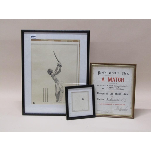 1160 - 19C CRICKET CLUB MATCH POSTER; B&W PRINT OF BOTHAM AND CRICKET BALL