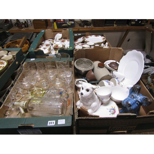 311 - TWO BOXES OF CRYSTAL AND OTHER GLASSWARE PLUS CERAMICS AND A SYLVAC DOG