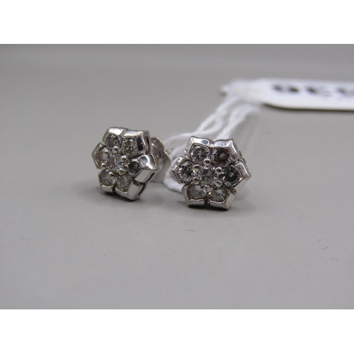 1454 - 18ct WHITE GOLD 1 carat DIAMOND CLUSTER EARRINGS