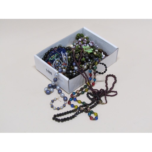 1480 - BOX OF BEADS, STONE AND OTHER NECKLACES