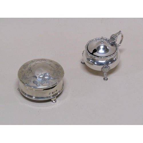 1396 - SILVER RING BOX (A/F) AND A SILVER MUSTARD