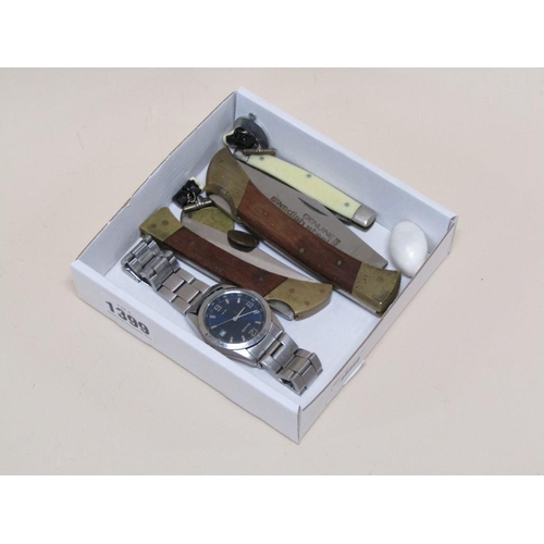 1399 - ACCURIST WATCH, 3 PENKNIVES ETC