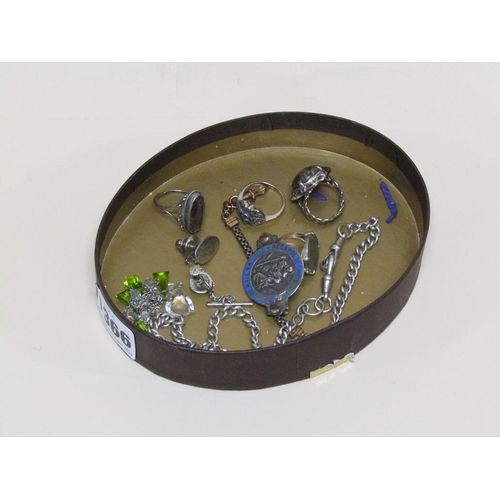 1366 - BOX OF MIXED SILVER AND OTHER COSTUME JEWELLERY TO INC. RINGS AND A WATCH CHAIN