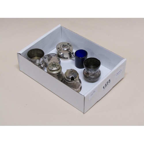 1373 - SILVER NIELLO CRUET SET AND TWO WHITE METAL TOTS