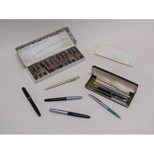 1380 - BOX OF PARKER AND OTHER PENS AND A BOX OF CHINESE STONE SEALS