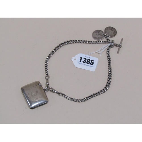 1385 - SILVER ALBERT CHAIN WITH ATTACHED VESTA AND COINS 2.5ozt