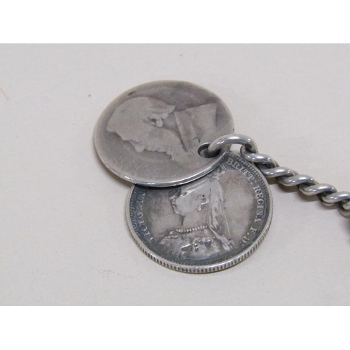 1385 - SILVER ALBERT CHAIN WITH ATTACHED VESTA AND COINS 2.5ozt