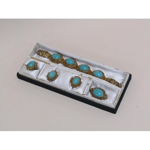 1389 - SILVER GILT TURQUOISE SET FILIGREE BRACELET, BROOCHES, RING & EARRINGS