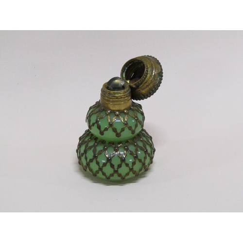 1353 - GREEN GLASS GILT DECORATED CONTINENTAL SCENT BOTTLE AND STOPPER