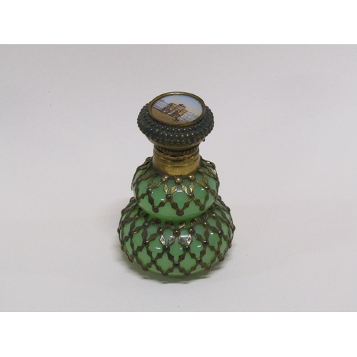 1353 - GREEN GLASS GILT DECORATED CONTINENTAL SCENT BOTTLE AND STOPPER