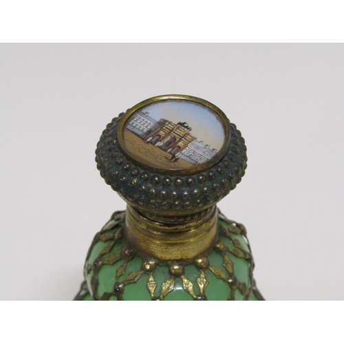 1353 - GREEN GLASS GILT DECORATED CONTINENTAL SCENT BOTTLE AND STOPPER