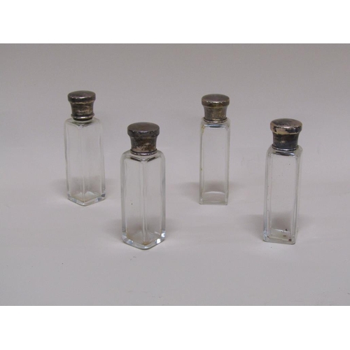 1356 - LEATHER CASED SILVER TOP GLASS TRAVEL PERFUME BOTTLES