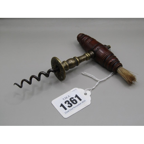 1361 - 19c BRASS WOODEN HANDLED CORKSCREW