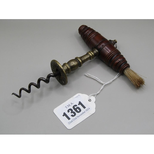 1361 - 19c BRASS WOODEN HANDLED CORKSCREW