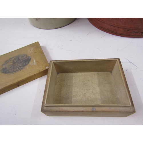 1231 - STONEWARE AND ONE PAINTED WOOD BOX AND COVER; MAUCHLINEWARE BOX